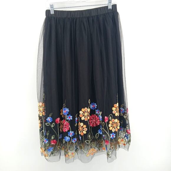 Floral Embroidered Tulle Tiered Midi Skirt Womens SM Romantic Coquette Cottage - Picture 2 of 6